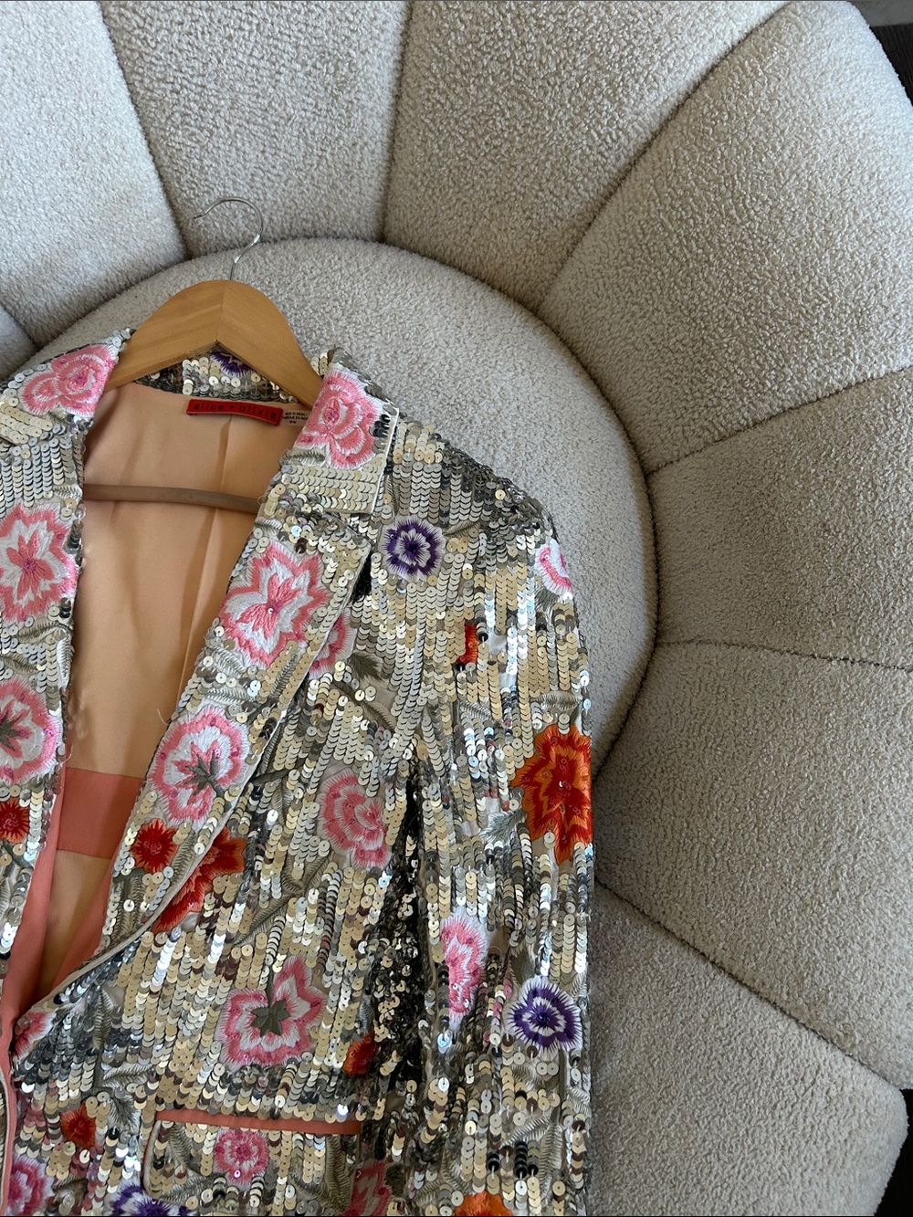 Alice + Olivia Silver Sequin Blazer with Pink, Purple & Orange Floral Embroidery - Picture 2 of 5